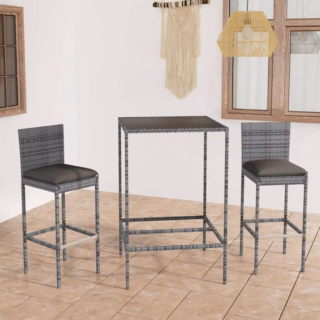 The Living Store Set bar da giardino 3 pezzi con cuscini in poly rattan grigio