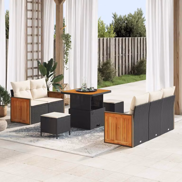 vidaXL Set Divano da Giardino a Forma di U con 8 Posti, Colore Nero e Beige, con Cuscini e Tavolino da Caffè