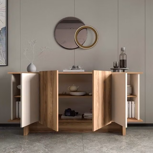 Madia Coste DMORA con 3 ripiani in finitura rovere marrone e bianco, design moderno per soggiorno o cucina, L: 180 cm, P: 40 cm, H: 81 cm