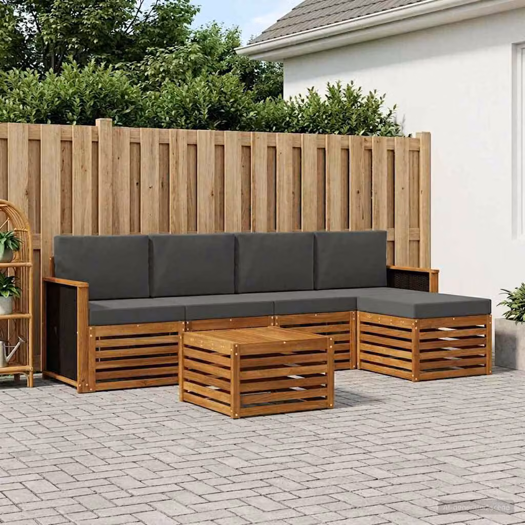 Set di divani da esterno vidaXL a forma di L in legno di acacia con tavolino e pouf, 6 pezzi, Beige e Antracite