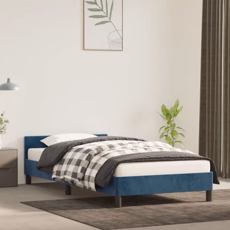 The Living Store Struttura letto con testiera in velluto blu scuro 100x200 cm