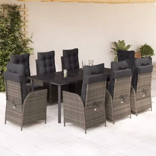 Set da Pranzo da Giardino 9 pz vidaXL in Polyrattan Grigio e Nero con Piano in Vetro – 1