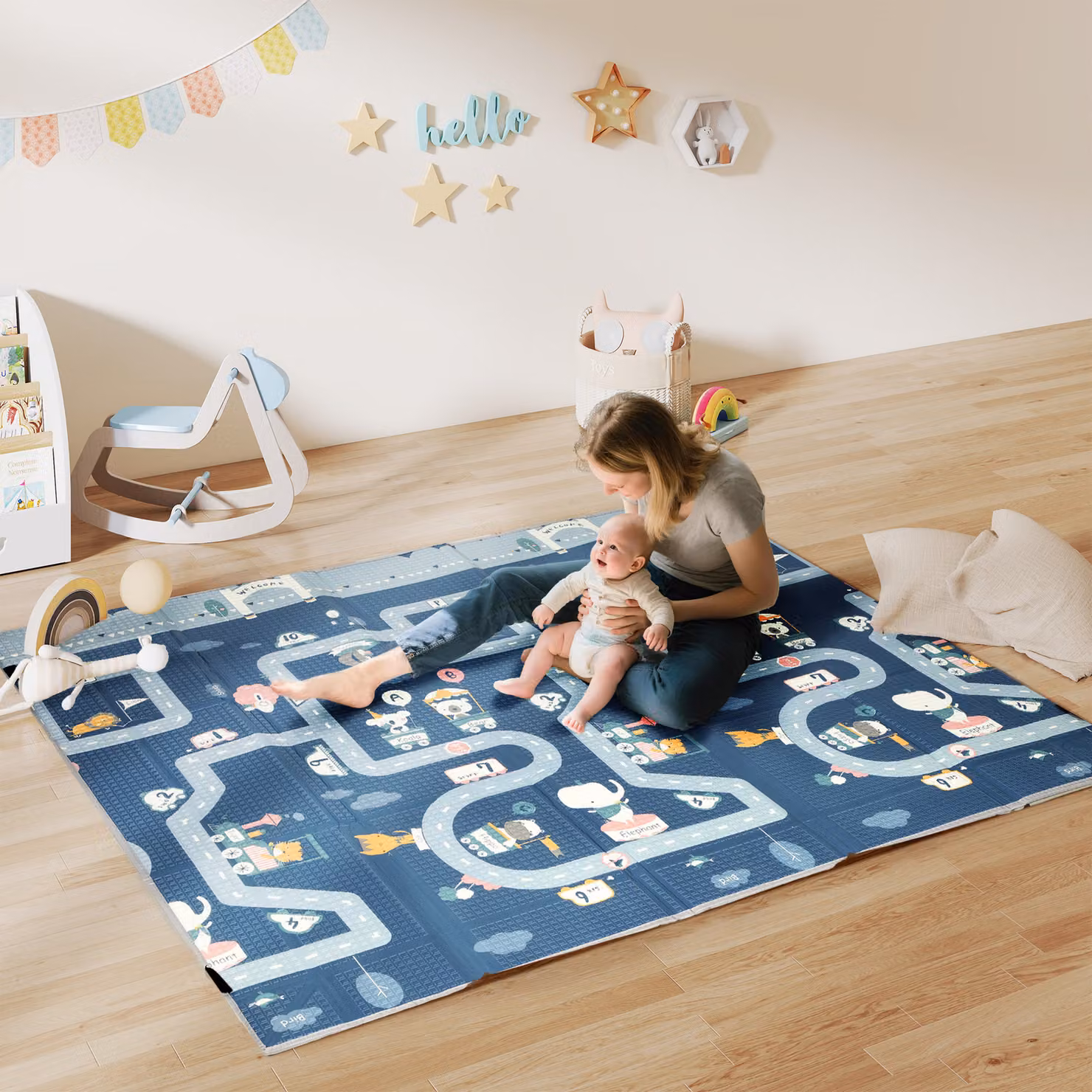 Tappeto da gioco per bambini AIYAPLAY pieghevole e reversibile in schiuma spessa, Multicolore, L: 202 cm, P: 180,5 cm, H: 1 cm – 2