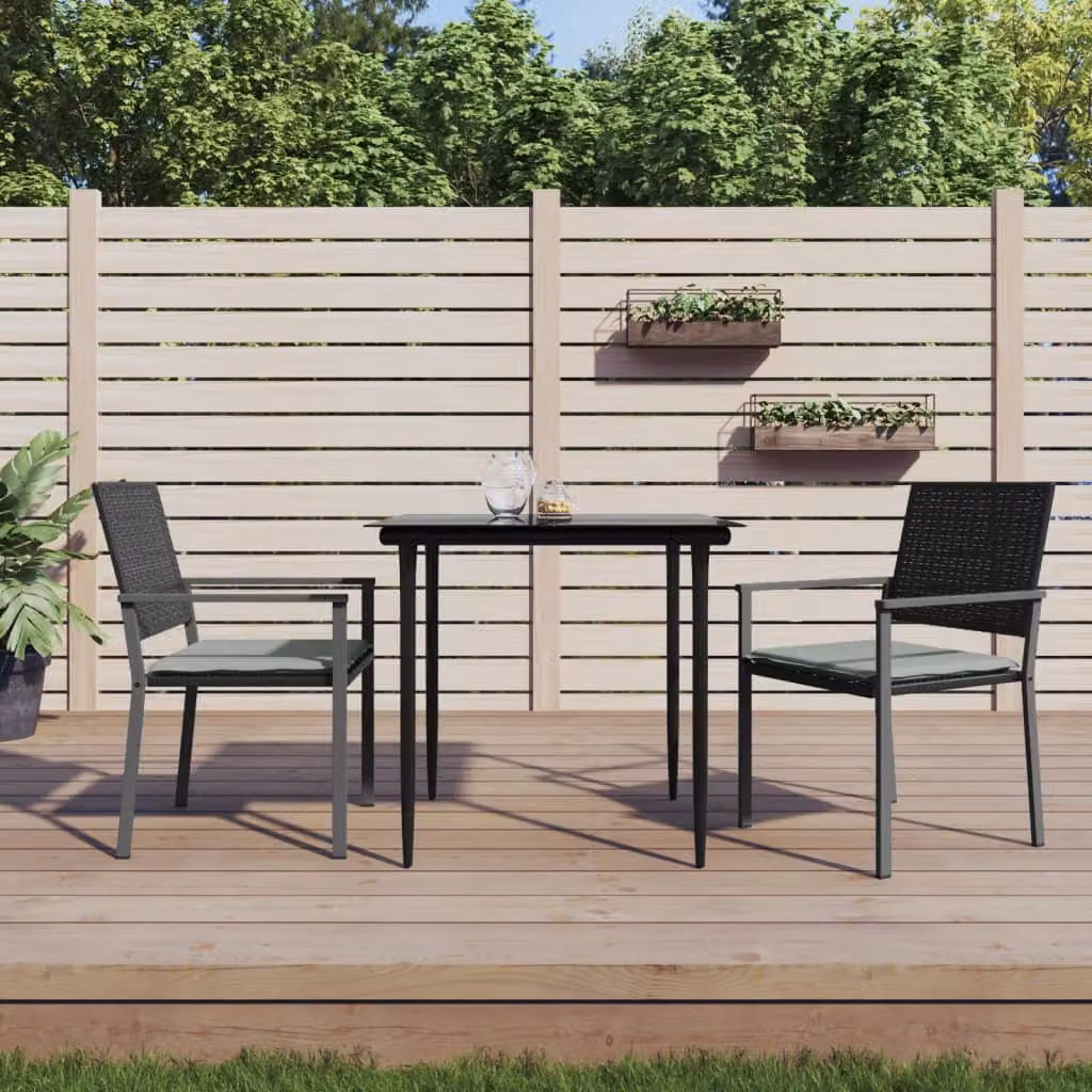 Set da pranzo da giardino vidaXL in polyrattan con tavolo in vetro e cuscini, nero e grigio