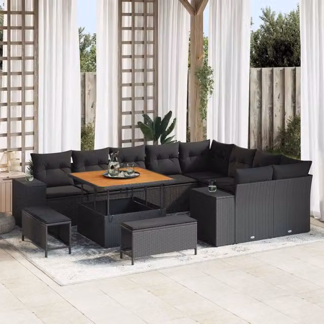 Set Divano da Giardino Moderno vidaXL a Forma di L con 12 Pezzi, Colore Nero, in Polyrattan e Metallo con Cuscini Inclusi – 1
