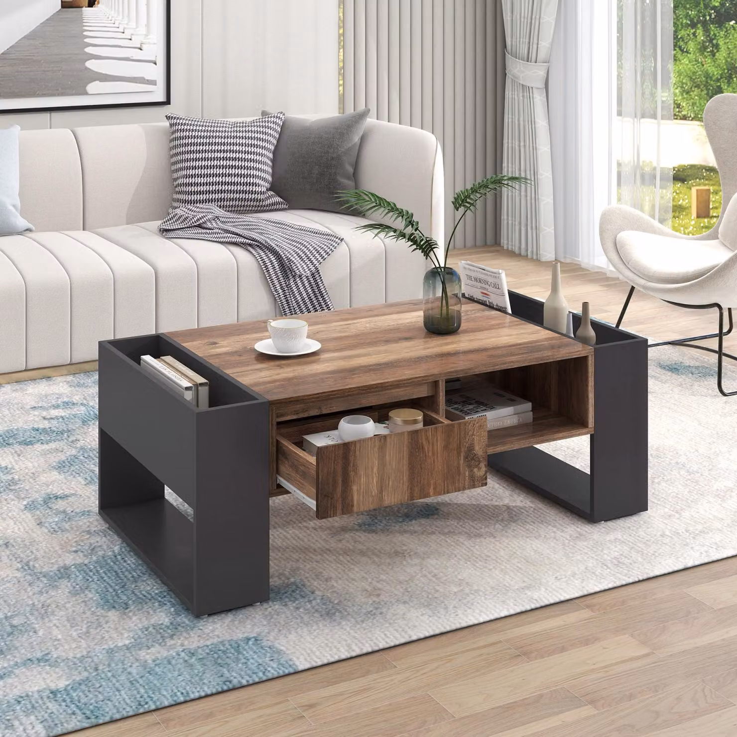 Tavolino in look legno con un cassetto e vani portaoggetti, nero + grigio
