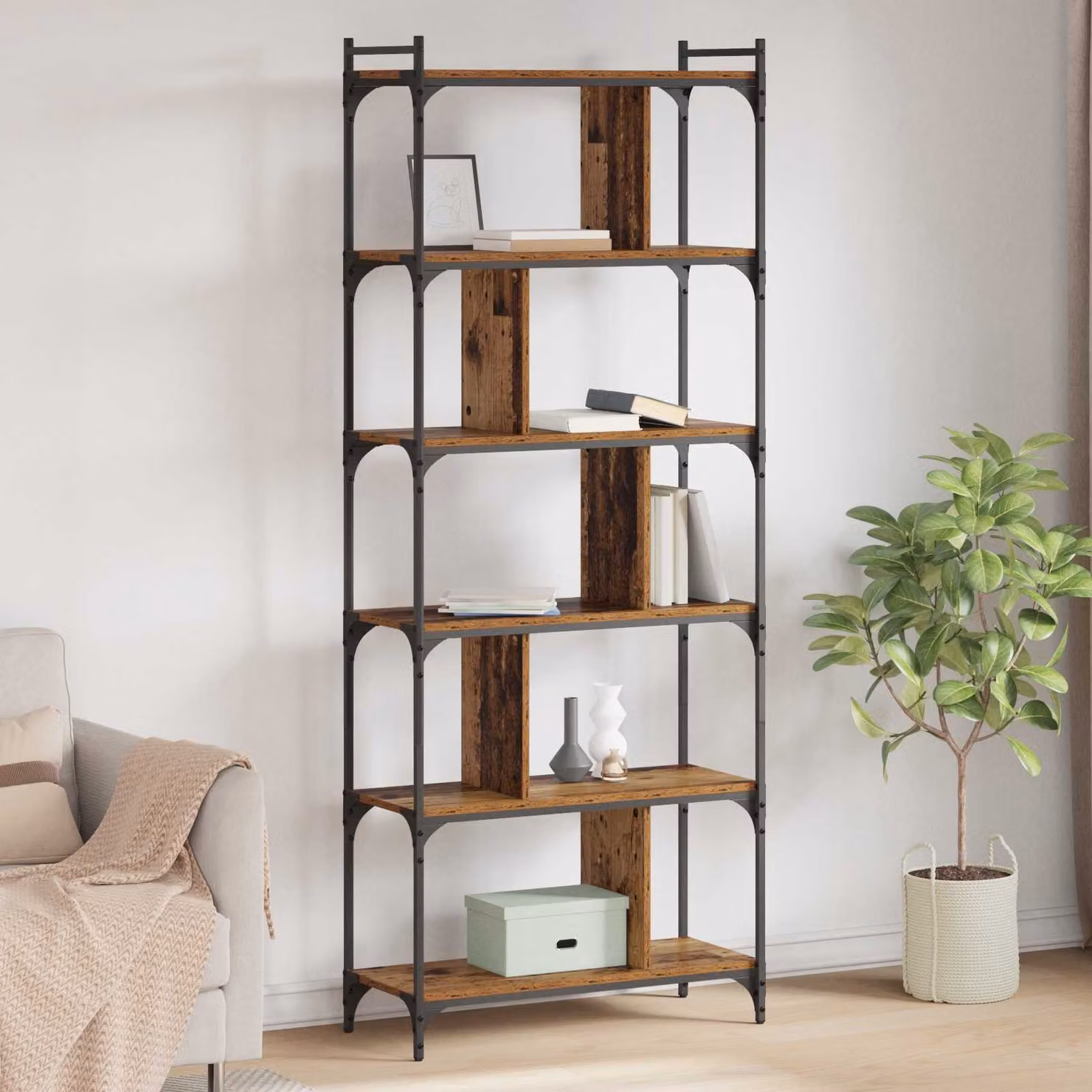 Libreria moderna vidaXL a 5 livelli in legno e metallo, colore marrone, L 76 cm x P 32 cm x H 192 cm