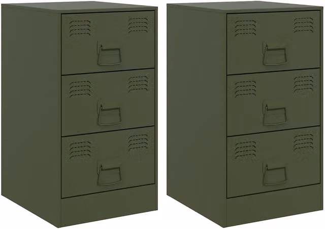 Set di 2 Comodini | Armadio da Notte | Mobiletto da notte Verde Oliva 34,5x39x62 cm in Acciaio