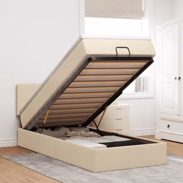 Pouf Letto con Materasso vidaXL in Tessuto Beige e Bianco con Illuminazione LED Sotto il Letto e Porte di Ricarica USB L/P/H: 90 x 200 x 45 cm
