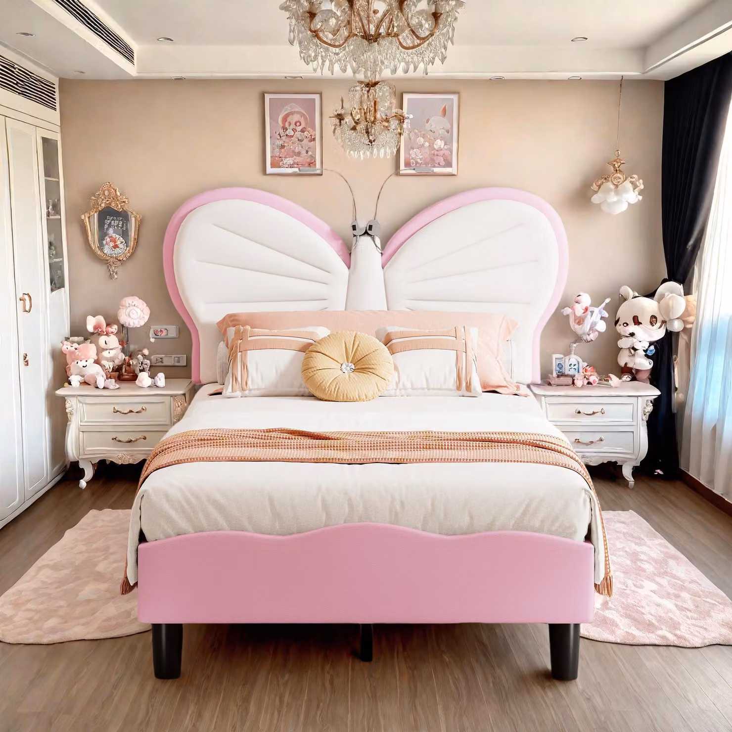 Letto imbottito Fortuna Lai 90x200cm, letto singolo per bambini con luce di lettura e testata regolabile, letto per ragazzi in legno con rete a doghe, velluto, rosa