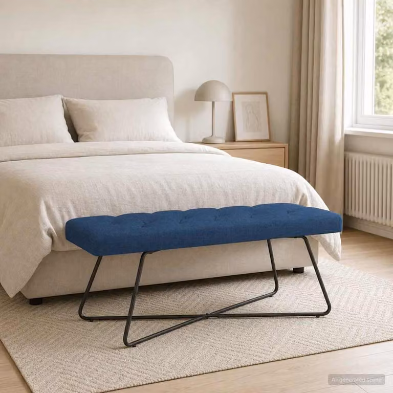 Panchina moderna vidaXL in tessuto blu con bottoni imbottiti, L 110 x P 40 x H 46 cm