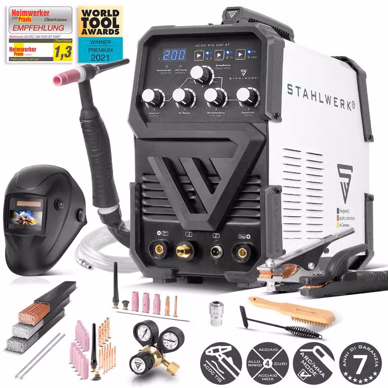 STAHLWERK Saldatrice ad arco schermato a gas 2-in-1 combinata AC/DC TIG 200 ST - completamente equipaggiata - TIG e MMA (MMA) fino a 200A, modalità 2T e 4T, saldatura TIG AC per alluminio
