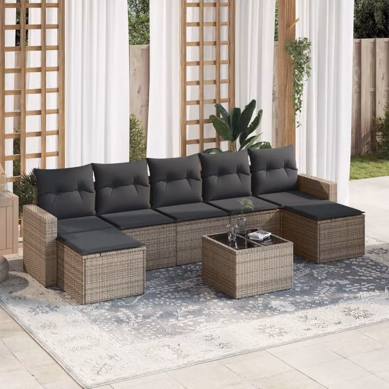 vidaXL Set Divano da Giardino 8 pz in Polyrattan Grigio con Cuscini e Tavolino