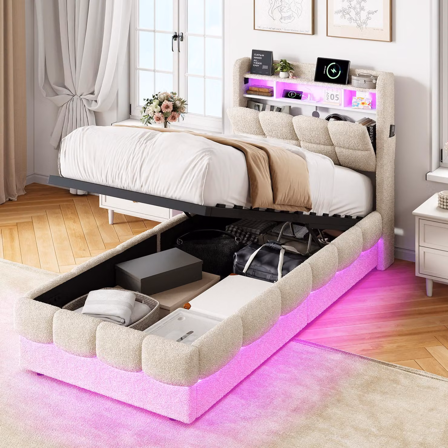 Letto a molle con contenitore INONEFT, 90 x 200 cm, con sistema di sollevamento idraulico e spazio contenitore, letto imbottito a una piazza con USB e LED, letto per ragazzi, rivestito in pile, colore beige