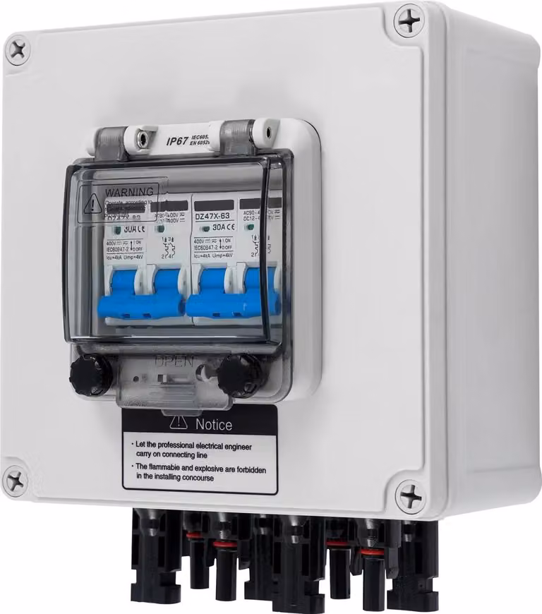 Solar-PV - Scatola di sezionamento CC - 2 ingressi/2 uscite - 2 stringhe - 30 A - CC 12-400 V - Impermeabile - Montaggio a parete - Bianco