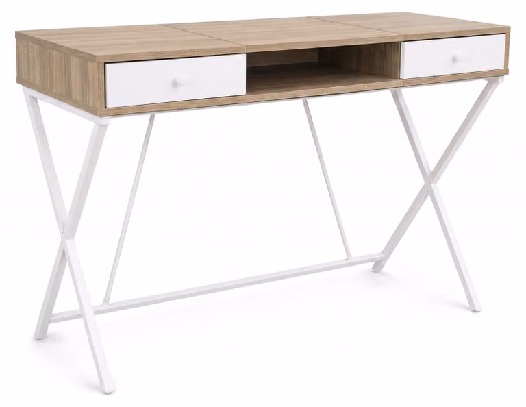 Scrivania PC industriale Rovere Sonoma CROSSLINE 120 cm 2 cassetti 1 ripiano gambe bianche