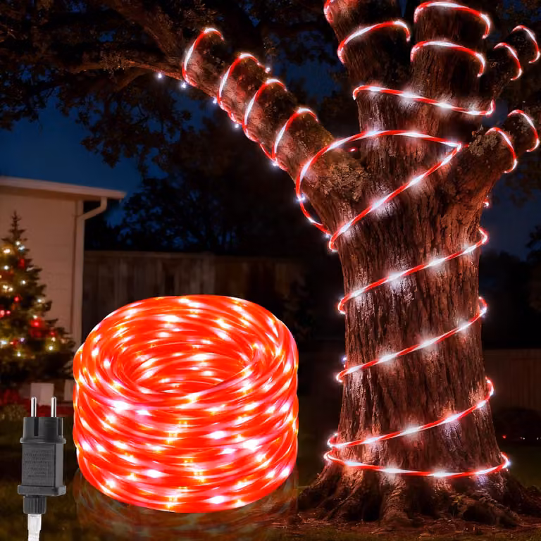 Catena luminosa da 30 metri, con 600 LED, 8 modalità, impermeabile, colore rosso/bianco
