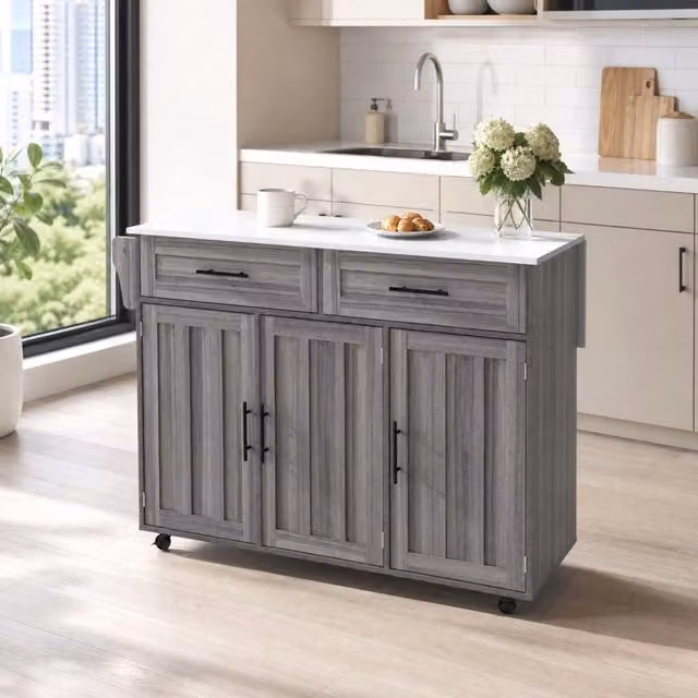 Carrello da cucina REDOM moderno in MDF e metallo con piano ribaltabile e ruote, Grigio/Bianco, L: 129 cm, P: 71 cm, H: 95 cm