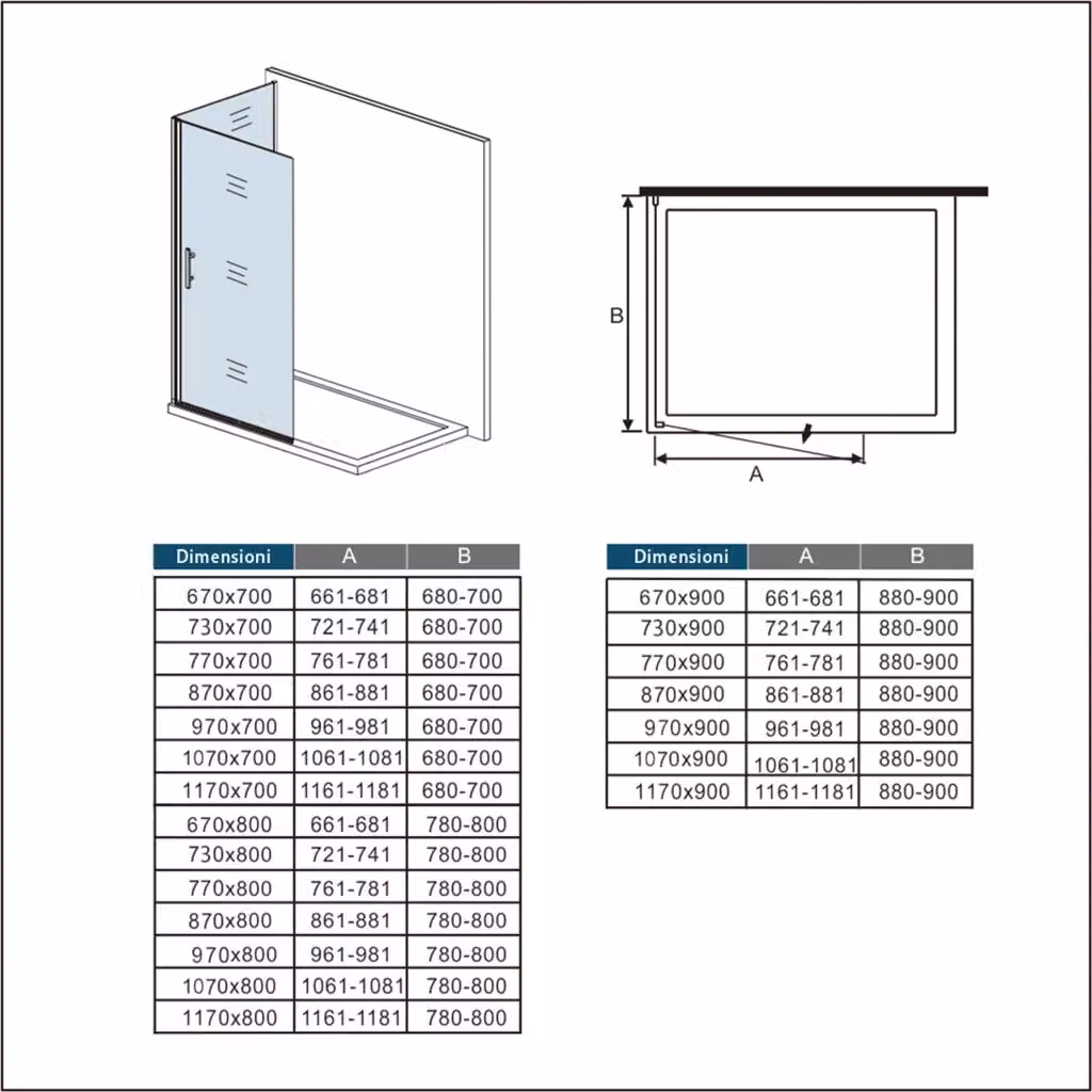 Box Doccia Walk In Aica Italy con Parete Fissa e Porta Battente, Vetro Temperato da 6 mm Trasparente con Trattamento Anticalcare, Cromo Lucido, L/P/H: 185 x 143 x 70+73 cm – 2