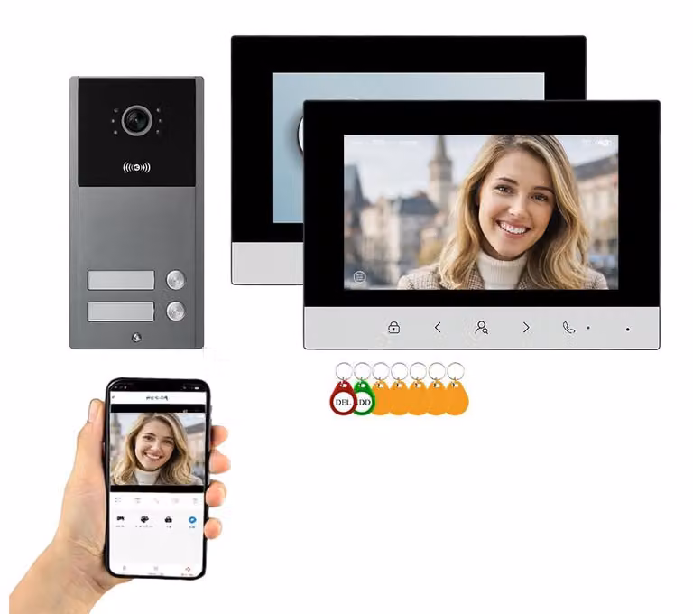 Kit citofonico video con campanello - Due schermi da 7 pollici - Connessione a 4 fili - Unità esterna per porte resistenti agli agenti atmosferici (grado di protezione IP65)