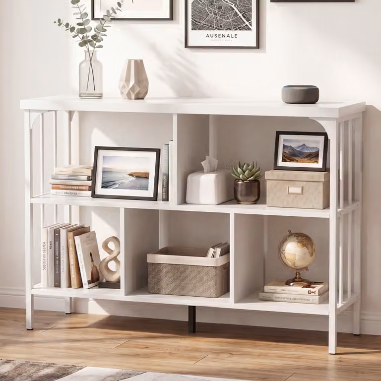 Scaffale libreria Costway con 3 ripiani e 5 scomparti aperti in legno e metallo, espositore per soggiorno e studio, Bianco