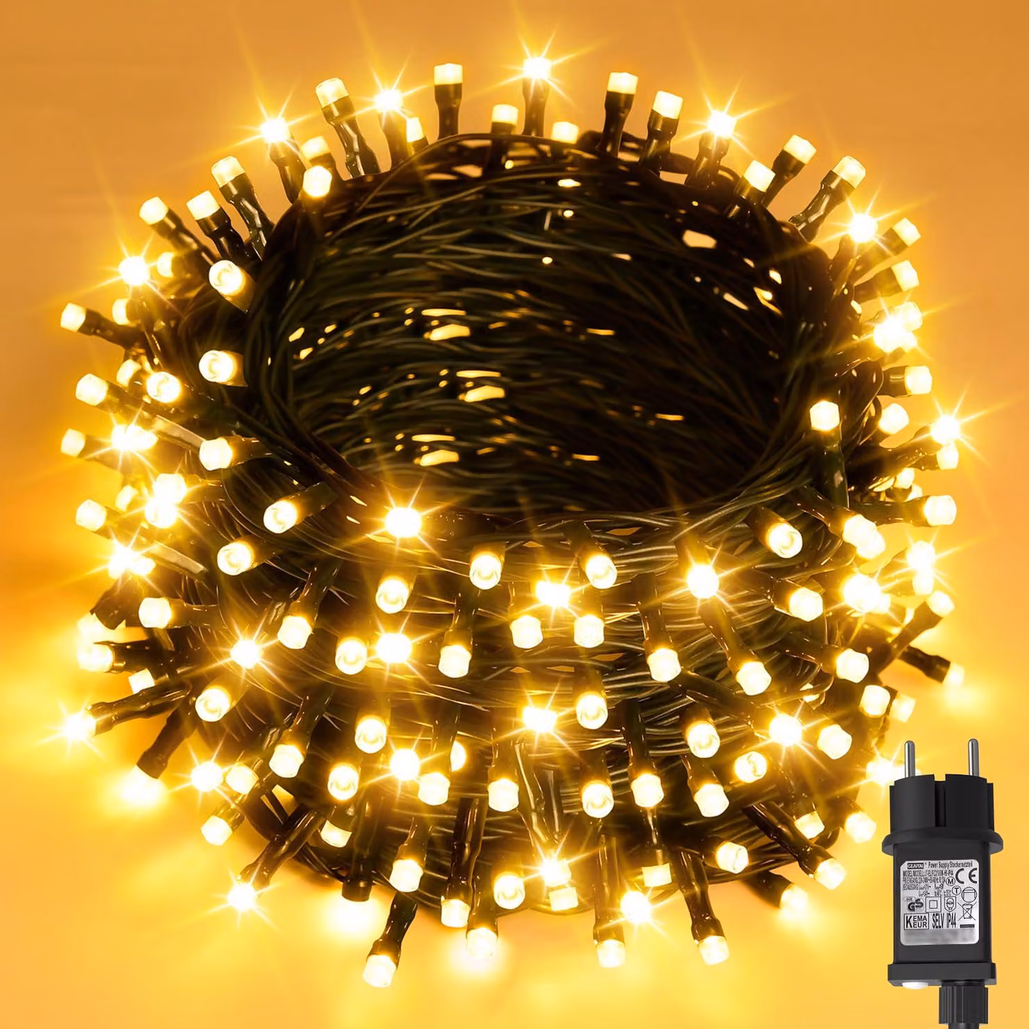 Catena luminosa da 40 metri, con 400 LED, luce bianco caldo, grado di protezione IP44, timer, 8 modalità