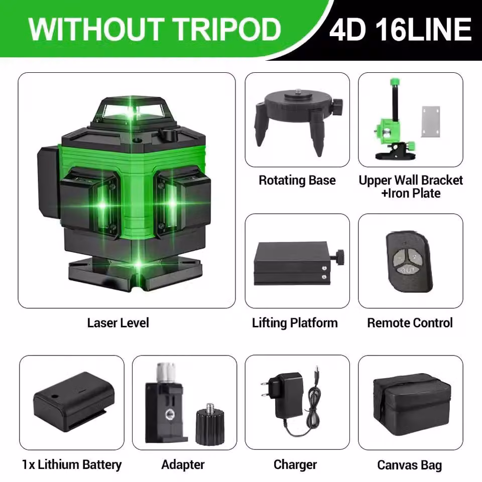 Livella laser 4D - 16 linee - Linee laser verdi - Autolivellante - 360° orizzontale e verticale - Completa di treppiede - Batteria inclusa