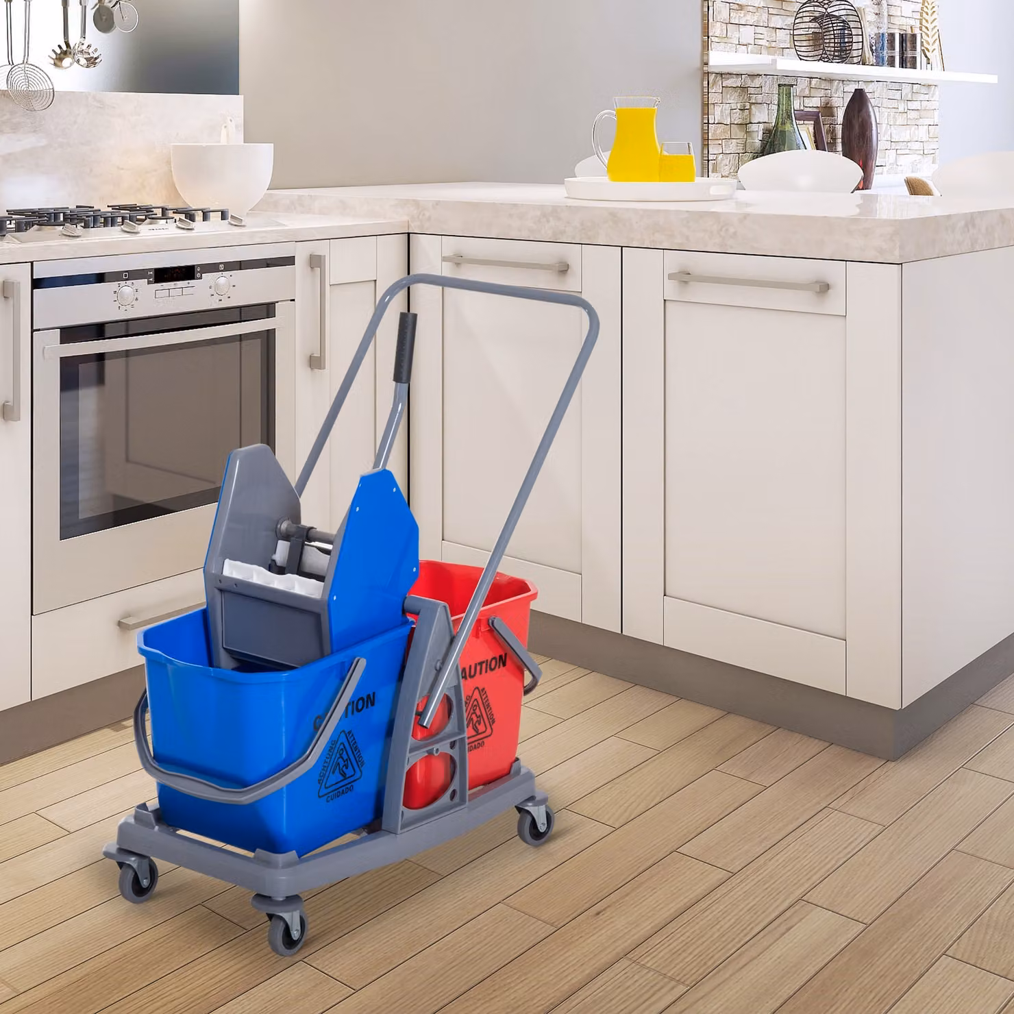 Carrello delle pulizie professionale HOMCOM con 2 secchi da 25L e strizzatore, L/P/H: 73 x 45 x 92 cm – 2