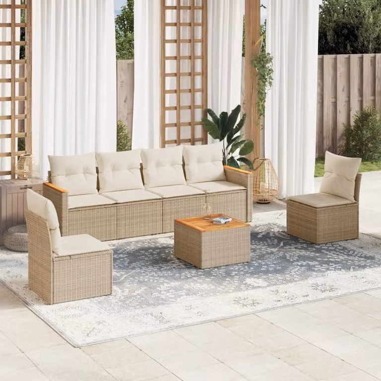 vidaXL Set Divani da Giardino 7 pz con Cuscini Beige e Tavolino in Polyrattan e Acciaio