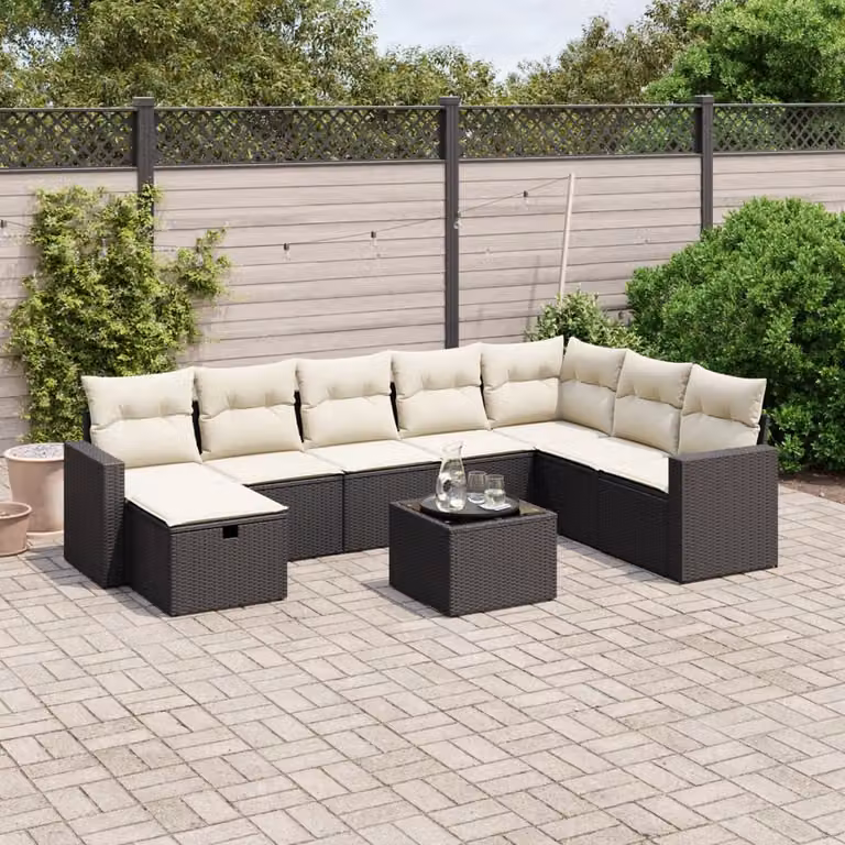 vidaXL Set Divani da Giardino a L 9 pz con Cuscini Nero e Struttura in Acciaio e Polyrattan