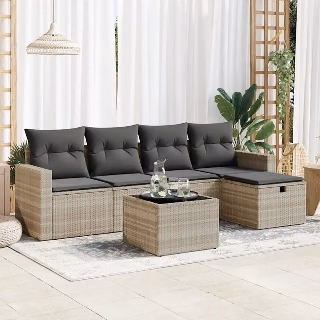 Set Divano da Giardino 6pz con Cuscini Grigio Chiaro Polyrattan 3325378