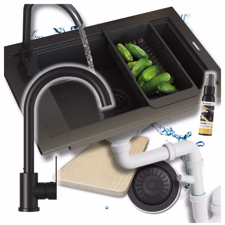 Granitan - Lavello in granito - Lavello da cucina - 69x43 cm - Nero - con rubinetteria PRESTIGE PLUS, sifone e trattamento impermeabilizzante