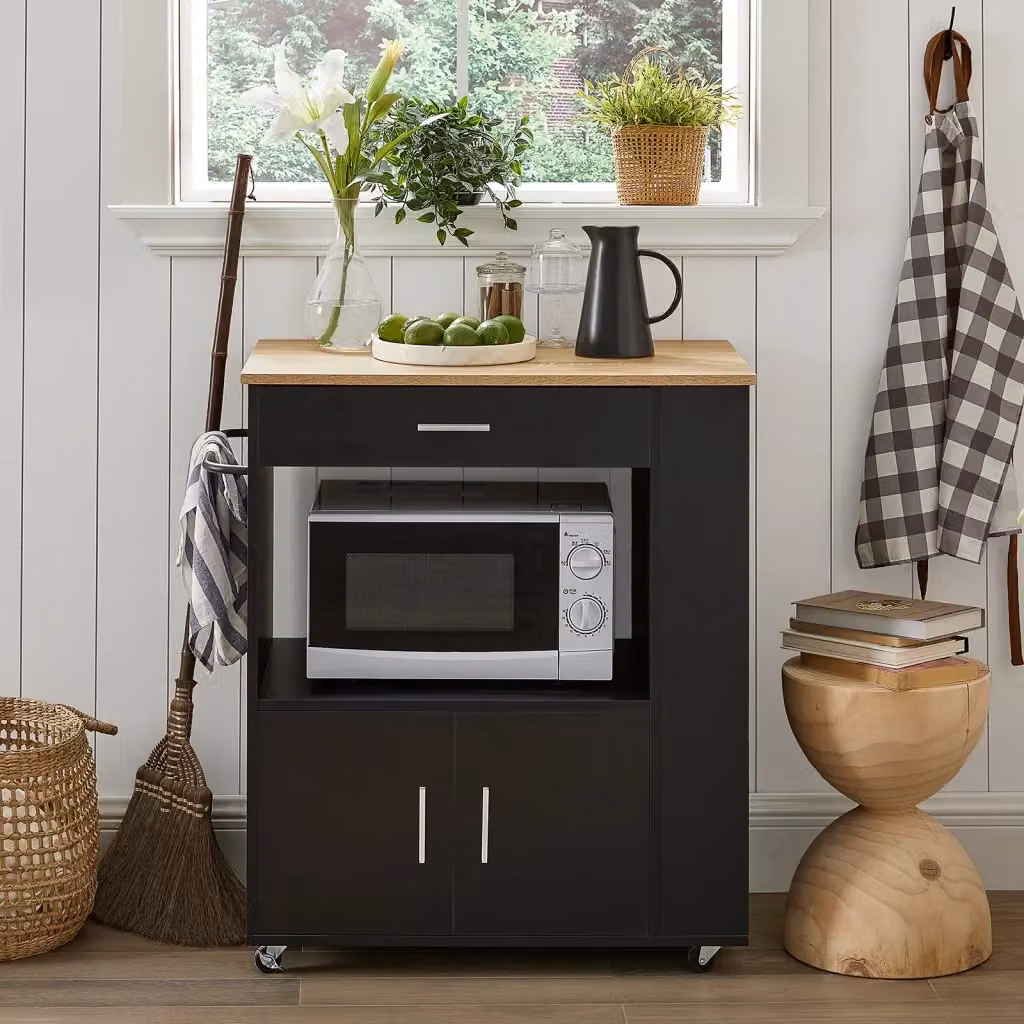 Carrello da cucina salvaspazio SoBuy con cassetto e armadietto in legno e metallo, Nero, L 82 cm x P 46 cm x H 88 cm – 2