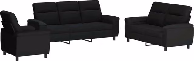 Set di divani moderno vidaXL composto da un divano a 3 posti, un divano a 2 posti e una poltrona, colore nero in tessuto con struttura in metallo e cuscini inclusi