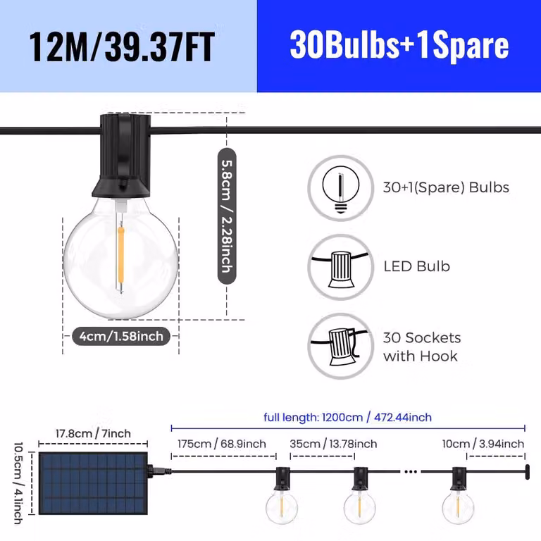 Catena luminosa LED G40 - Catena luminosa solare - Luce bianco caldo - 12 metri con 31 lampadine - Telecomando - 8 modalità di illuminazione lampeggiante - Intensità regolabile - Grado di protezione IP44, resistente agli agenti atmosferici