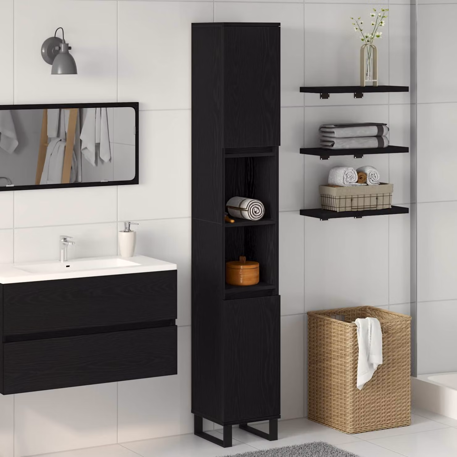Mobile da bagno vidaXL in legno e metallo nero con ante a battente e ripiani interni L: 30 cm, P: 30 cm, H: 190 cm