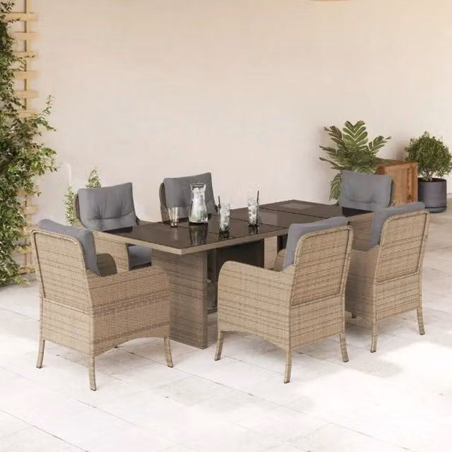 Set da Pranzo da Giardino 7 pz vidaXL in Polyrattan con Cuscini Beige e Grigio e Tavolo in Vetro