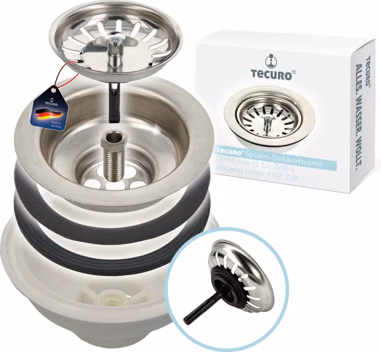 valvola per cestello lavello tecuro Ø 114 mm (3 1/2 pollici) x uscita inferiore 1 1/2 pollici