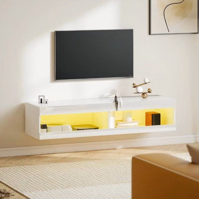 Mobile TV sospeso con LED RGB 16 colori e 2 vani aperti in legno bianco lucido 140 × 40 × 30 cm