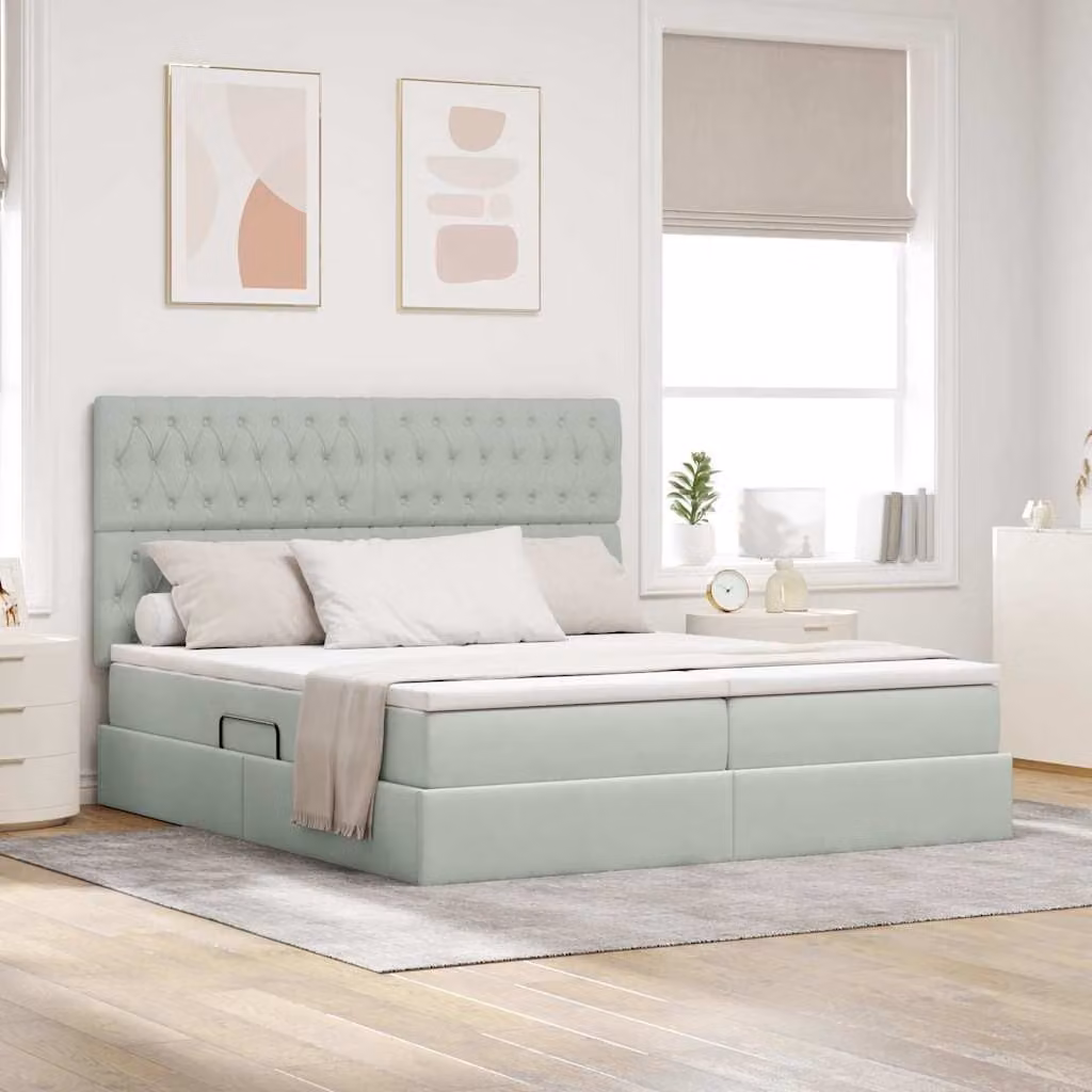 Letto moderno vidaXL con contenitore a sollevamento, testiera in velluto grigio, illuminazione sottostante e porta di ricarica USB, L/P/H: 200 x 200 x 128 cm