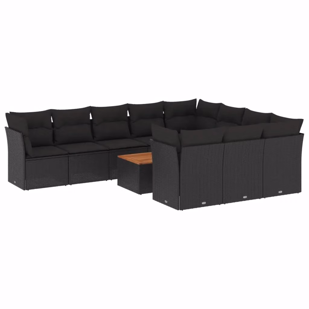 vidaXL Set Divani da Giardino 11 pz a Forma a L con Cuscini e Tavolino, Polyrattan e Legno di Acacia, Nero e Marrone – 2