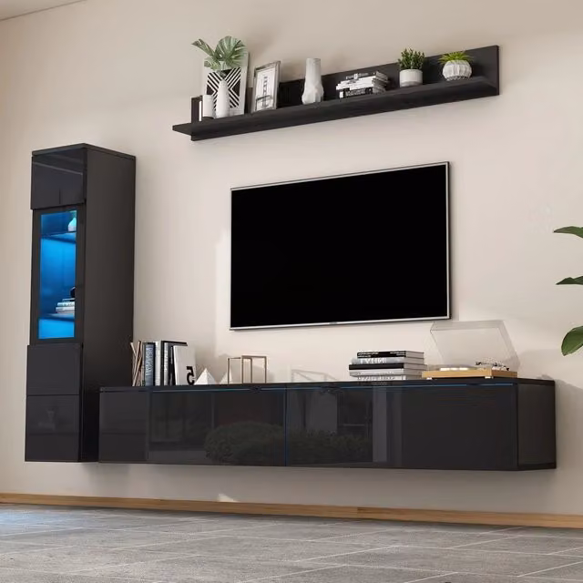 Set mobile TV a parete Minimal di 3 pezzi in nero lucido con luci LED per soggiorno, compatibile con TV fino a 80 pollici