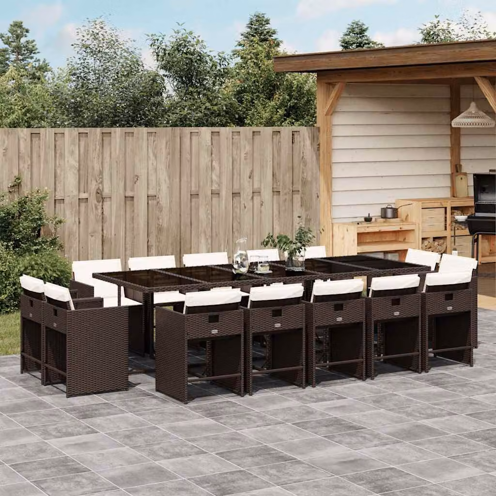 vidaXL Set da Pranzo da Giardino 15 pz in Polyrattan Marrone con Cuscini e Tavolo in Vetro – 1