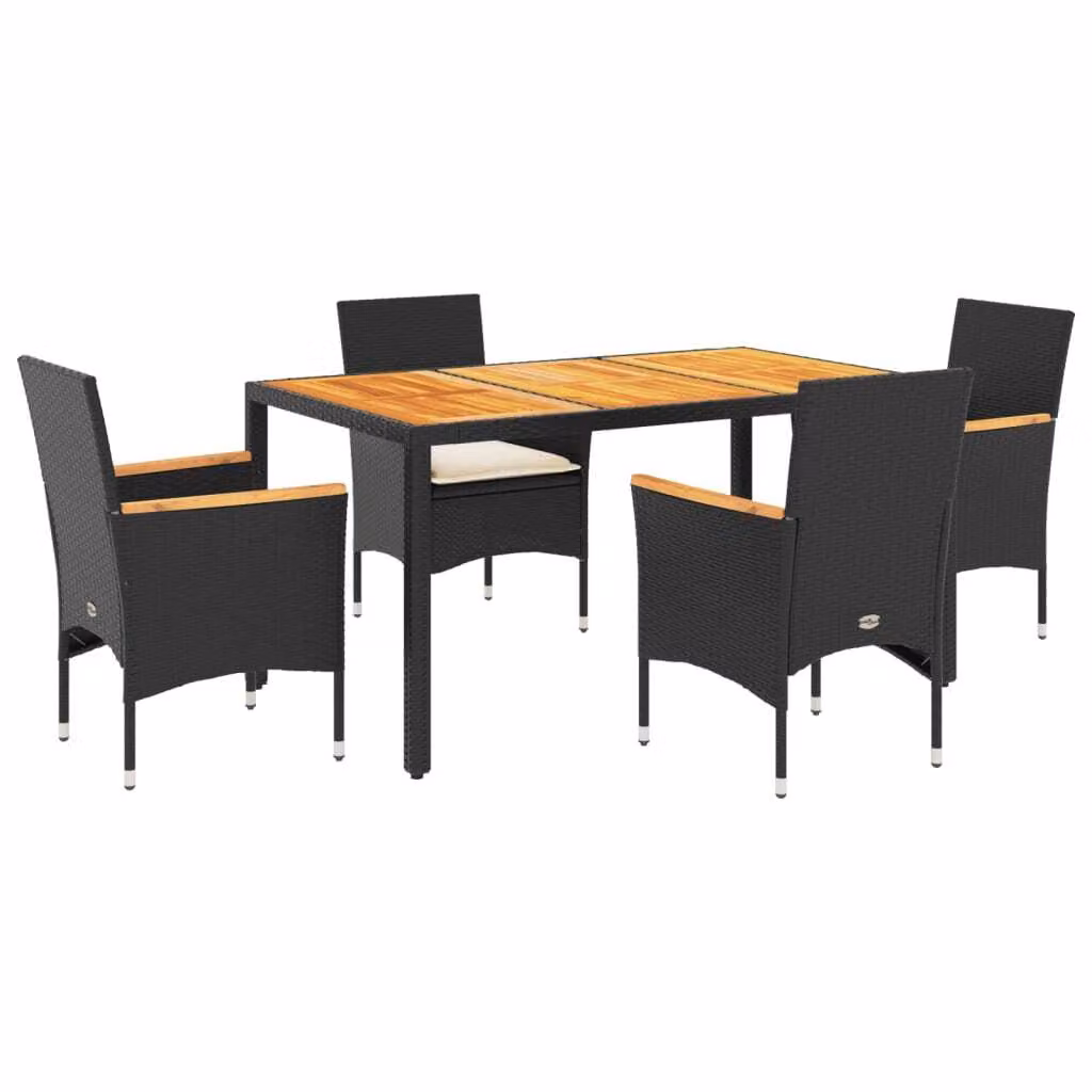 Set Pranzo da Giardino 5 pz con Cuscini Nero Polyrattan Acacia
