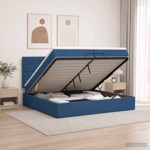 Letto ottomano con materasso vidaXL in tessuto blu e bianco L: 200 cm, P: 200 cm, H: 140 cm