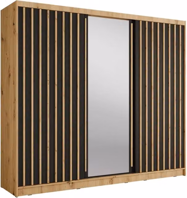 Armadio KAZU MEUBLORAMA con 3 ante scorrevoli e specchio, colore quercia e grigio grafite, L: 248 cm, H: 215 cm, P: 62 cm – 1