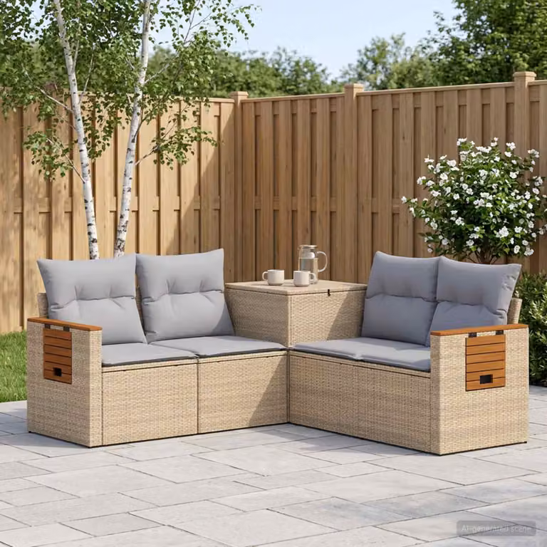Set di divani da giardino vidaXL a forma di L in polyrattan con cuscini beige e grigio