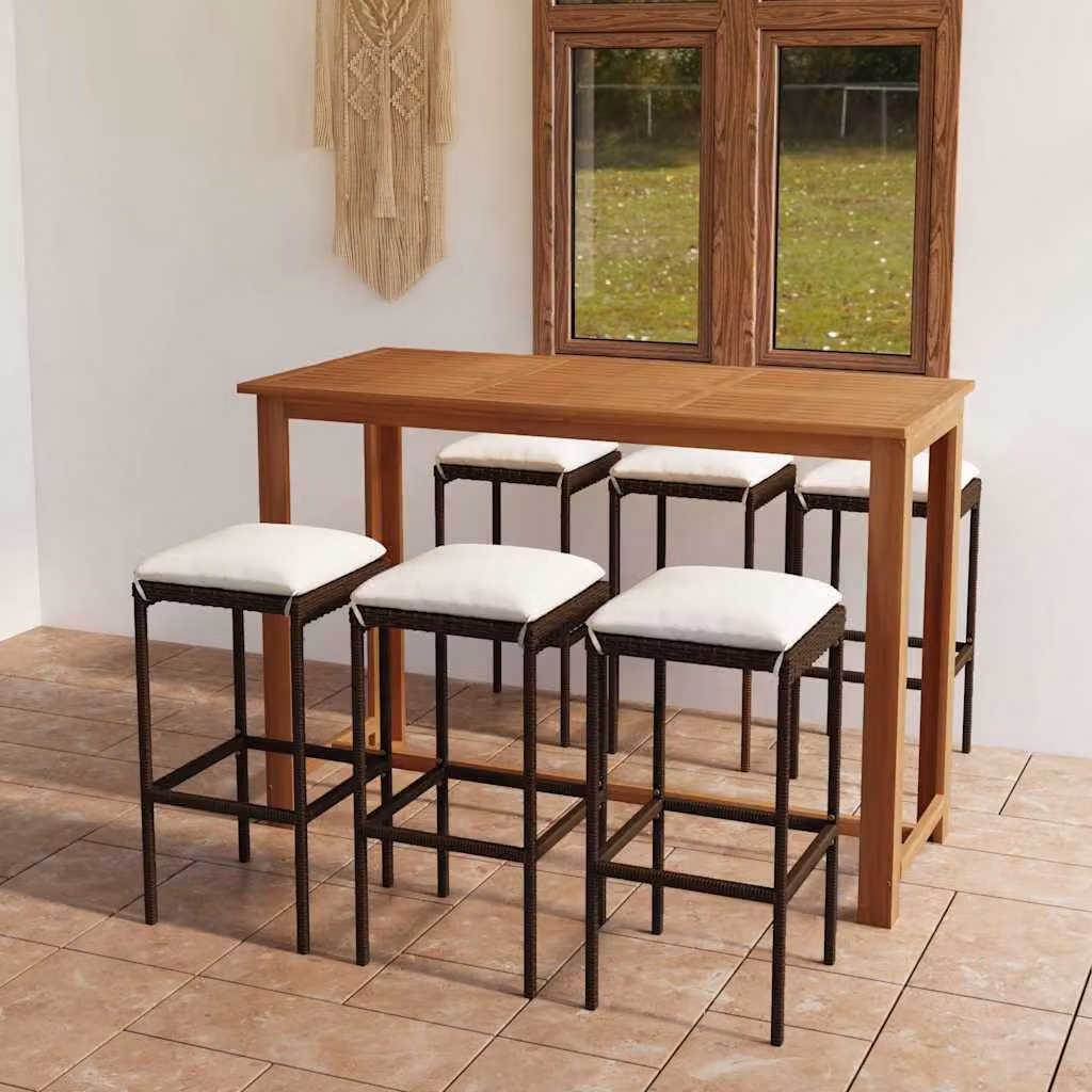 Set Bar da Giardino vidaXL in Legno di Acacia e Polyrattan con Cuscini, 7 Pezzi, Marrone e Beige – 1