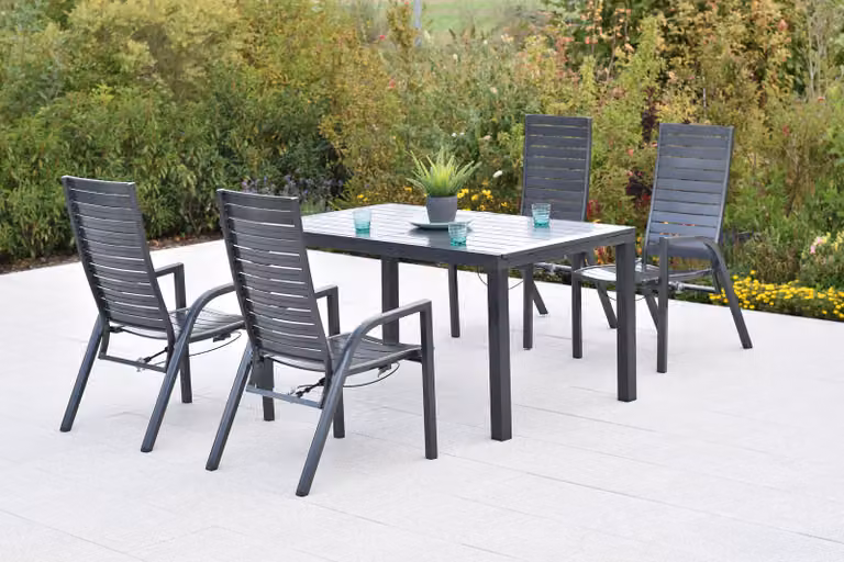 Set di mobili da giardino Merxx Siros, 5 pezzi, 4 poltrone regolabili tramite molla a gas, tavolo allungabile 150 (200) x 90 cm - alluminio