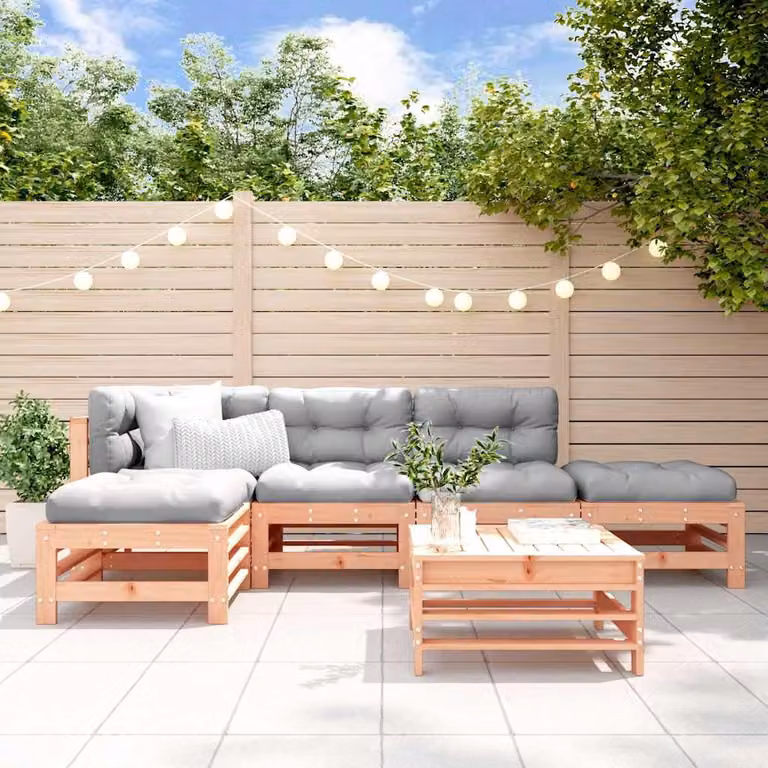 Set Salotto da Giardino vidaXL 6 pz in Legno Massello con Cuscini, Forma a L, Colore Marrone e Grigio